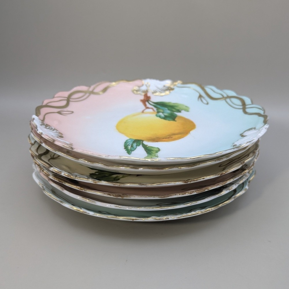 Antique Wheelock Vienna Austria Pomona Fruit Plates Set of 6 Gold Gilt Scalloped - Picture 11 of 13